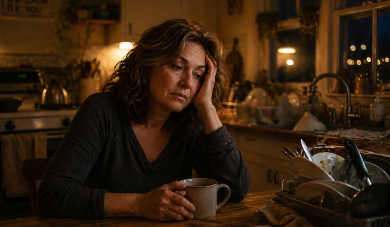 Tired middle-aged woman sitting at a kitchen table with a mug, reflecting stress and mental exhaustion.