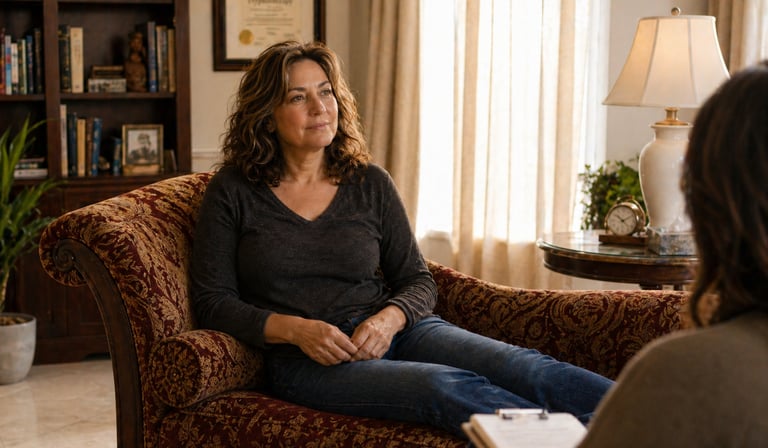 A woman sits on a chaise lounge during a professional hypnotherapy session in a cozy office.