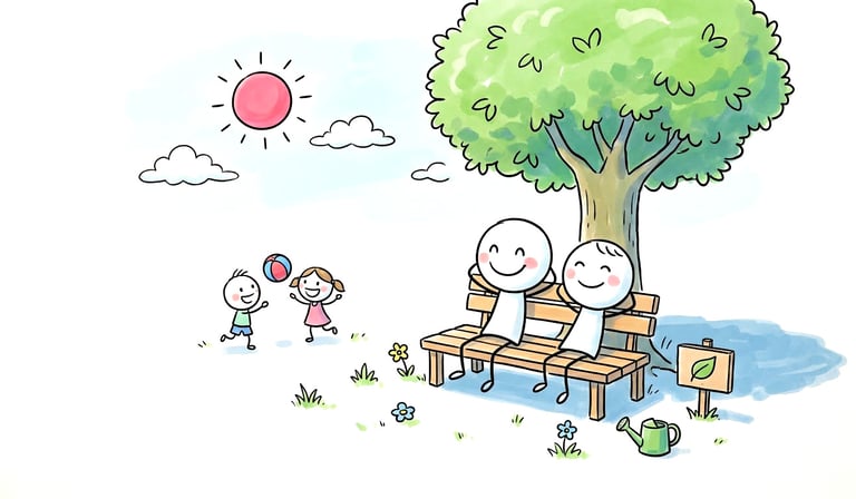 Illustration: Ehepaar auf einer Parkbank im Grünen, Kinder spielen Ball