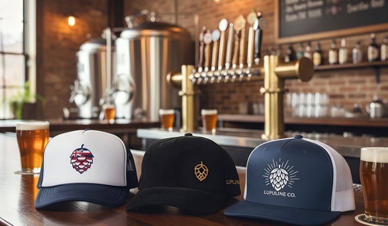 Three Lupuline trucker hats sitting on top of a bar