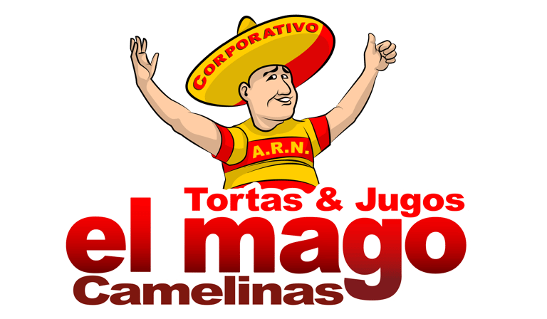 Logo for El Mago Camelinas featuring a man in a sombrero for a tortas and juice shop.