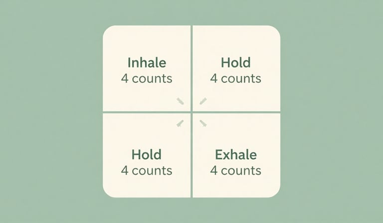 Box breathing technique diagram showing 4-4-4-4 pattern for anxiety relief and cortisol reduction
