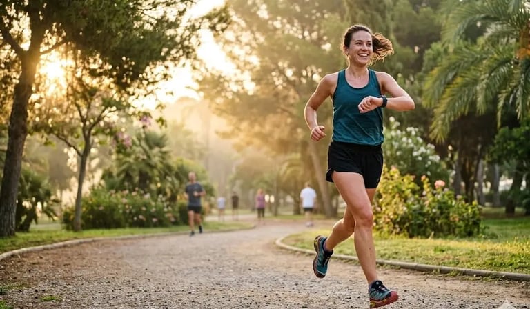 une joggeuse dans un parc qui souris en regardant sa montre