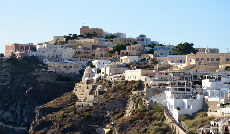 Fira from the boat in Santorini, Greece