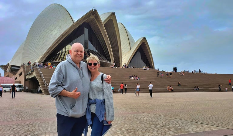 Lady and The Pirate in front of the Sydney Opera House in Australia