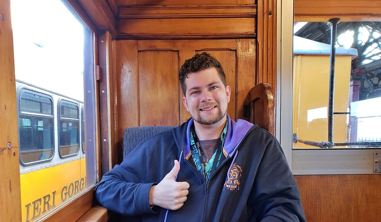 Steven enjoys the Taieri Gorge on the train out of Dunedin, New Zealand