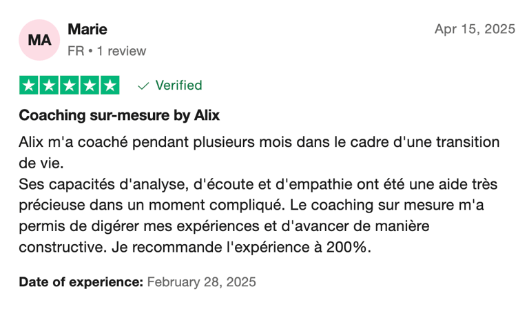 Avis 5 étoiles Trustpilot de Marie sur le coaching de transition de vie de Mujō