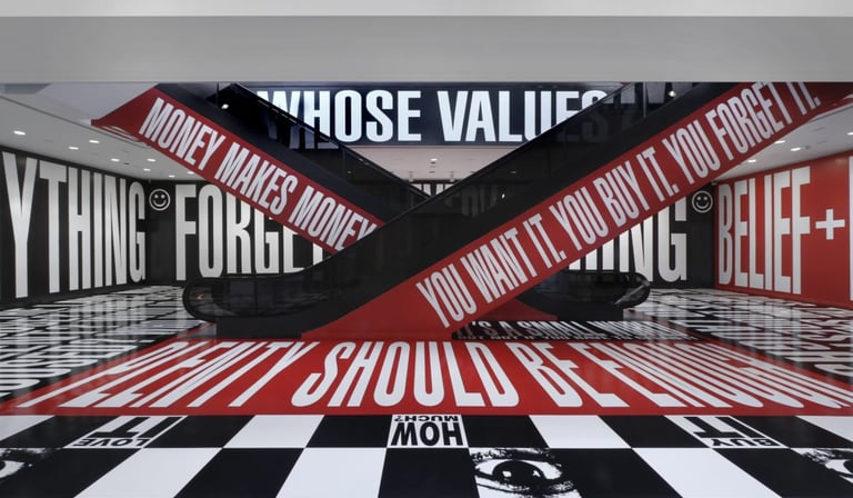 Barbara Kruger, grande parte do seu trabalho consiste em fotografias em preto-e-branco que são sobre