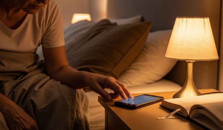 Pessoa 55+ desligando o celular na mesa de cabeceira antes de dormir, quarto com iluminação suave, ambiente acolhedor.