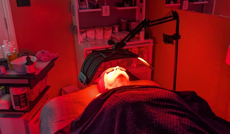 woman under a red LED light during a facial