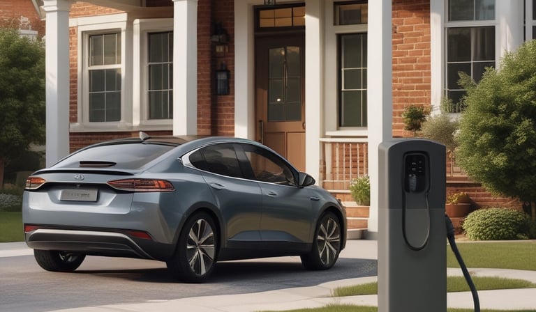 An electric vehicle charging station is situated outdoors near a body of water with green grass and some bushes in the background. The station has two charging cables and connectors hanging neatly. A green pole is seen to the left of the charger, possibly marking or protecting the charging area.