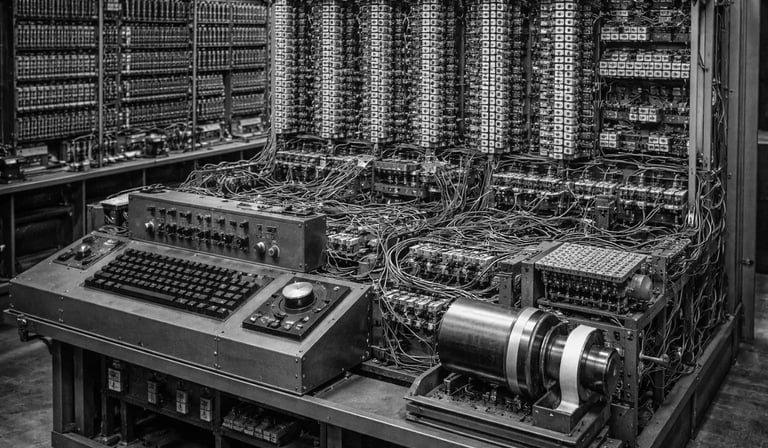 Computador mainframe Z3 vintage com fiação complexa, tubos de vácuo e um teclado de console 