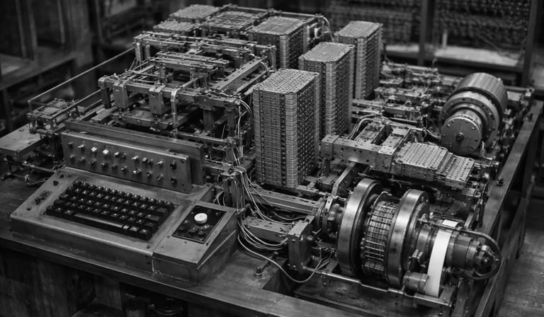 Computador mecânico Z1 antigo com teclado e complexos circuitos de tubos de vácuo em preto e branco.