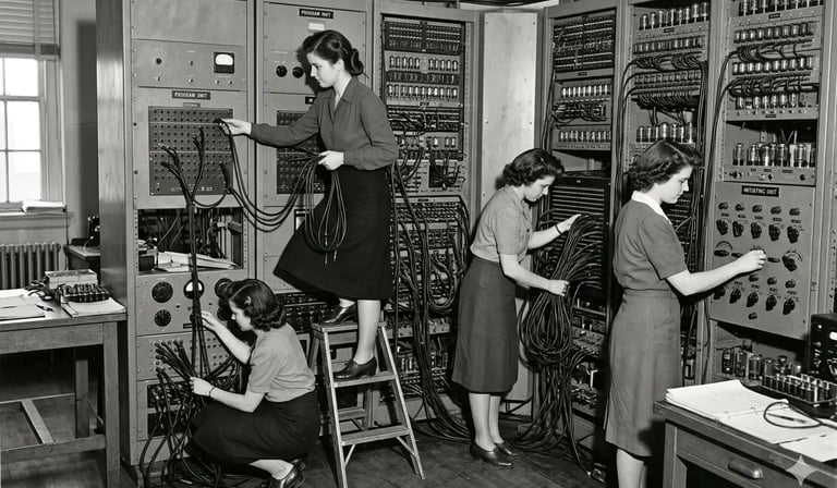 Mulheres programando o ENIAC, conectando cabos manualmente.