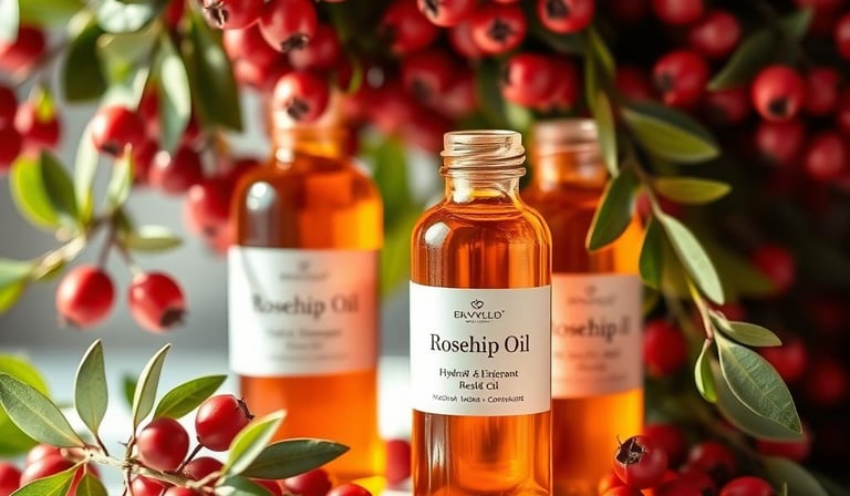 bottles of rosehip oil under a rosehip plant