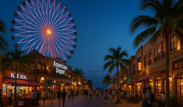 Mihama American Village in Okinawa, featuring the iconic illuminated Ferris wheel, palm-lined pedestrian street, and lively c