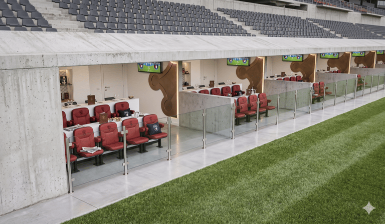 Luxury stadium VIP boxes with red leather seats, private dining tables, and TVs overlooking a football pitch.