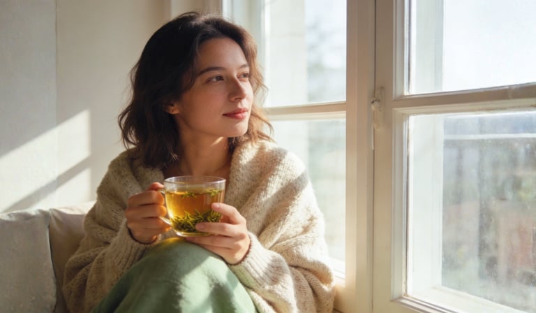 woman relaxing in morning sunlight drinking tea supporting healthy cortisol rhythm