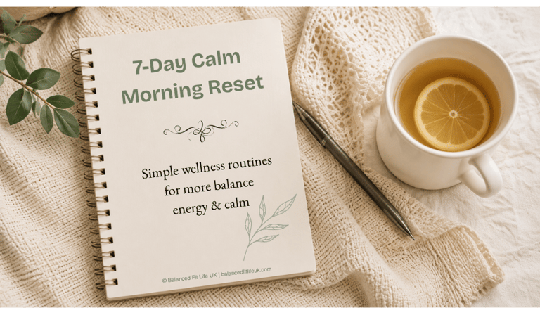 A 7-Day Calm Morning Reset wellness journal next to a cup of lemon tea on a cozy knit blanket.