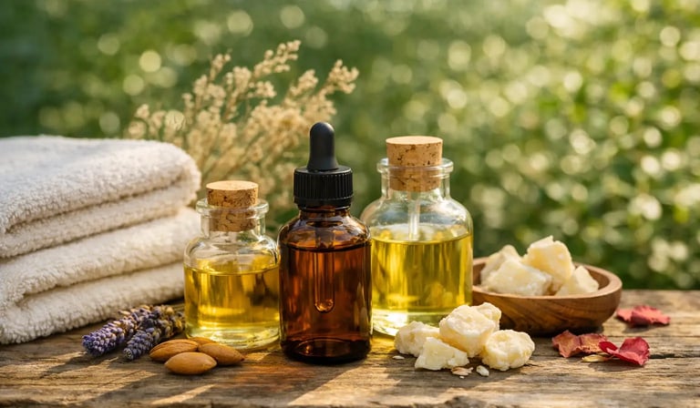 Óleos essenciais naturais, manteiga de karité e lavanda para cuidados orgânicos com a pele.