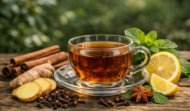Xícara de vidro com chá de ervas quente, gengibre, canela, limão e anis-estrelado sobre mesa.