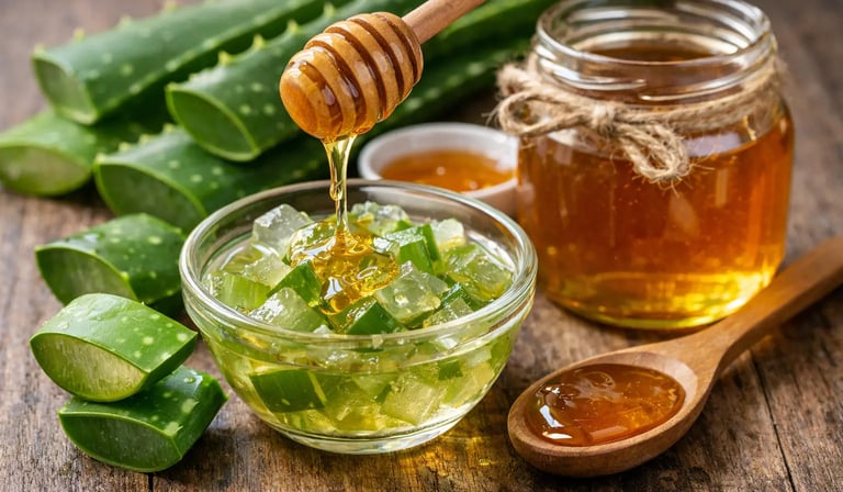 Gel fresco de babosa (Aloe vera) orgânica sendo regado com mel puro para um tratamento natural.