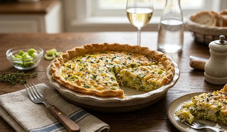 Quiche caseira de alho-poró e queijo em massa folhada, servida com vinho branco.