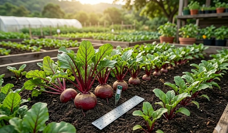 Plantio de beterrabas orgânicas crescendo em canteiros elevados com solo fértil .