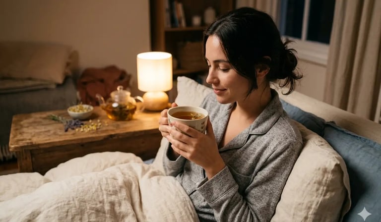 Uma mulher de pijama senta-se na cama tomando uma xícara de chá de ervas relaxante para uma rotina 