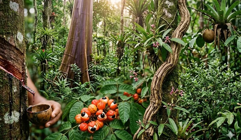Frutos de guaraná vermelho crescendo em uma densa floresta amazônica, próximo a uma seringueira 