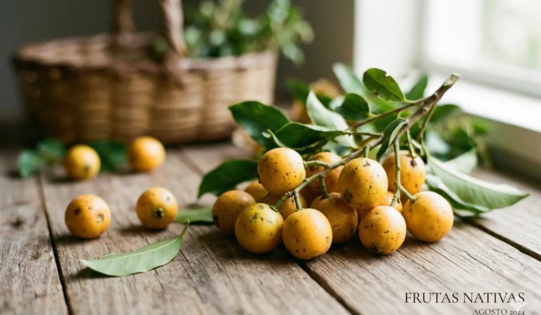 Gabirobas amarelas com folhas verdes sobre mesa rústica ao lado de um cesto de vime.