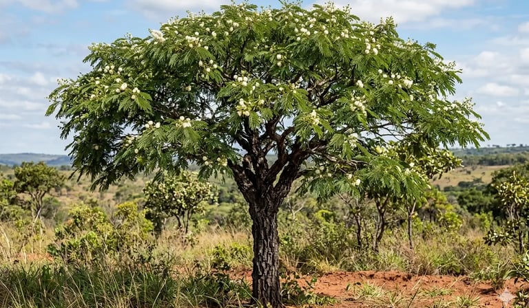 Um pé de angico florido com flores brancas em uma paisagem ensolarada de savana.