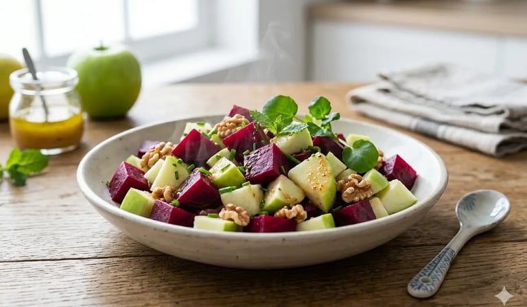Salada fresca de beterraba e maçã verde com nozes e ervas em uma tigela branca sobre uma mesa