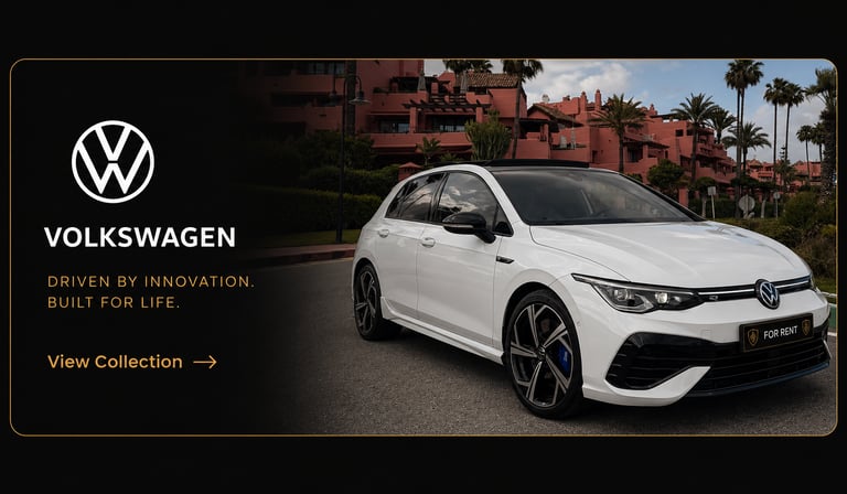 White Volkswagen Golf R parked on a street with the VW logo and brand slogan for a rental collection.