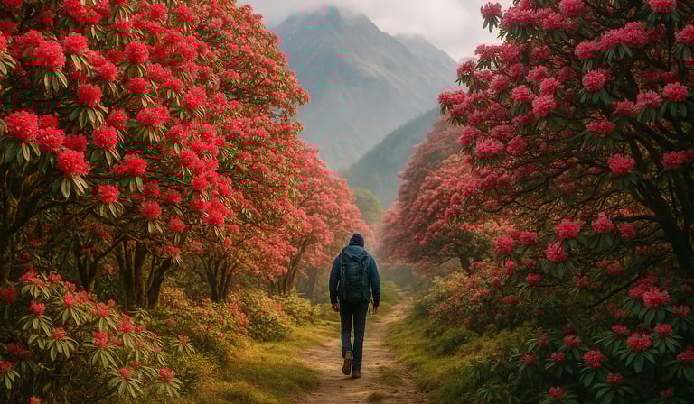 A trekker walking through blooming rhododendron forest in Nepal springtime.