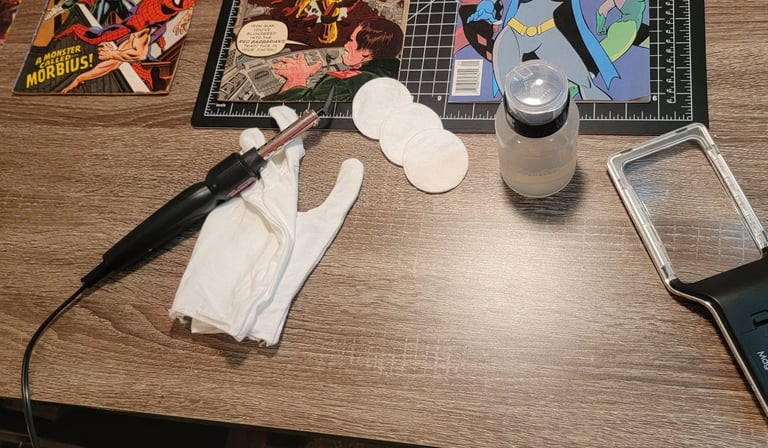 Comic book cleaning tools and workshop