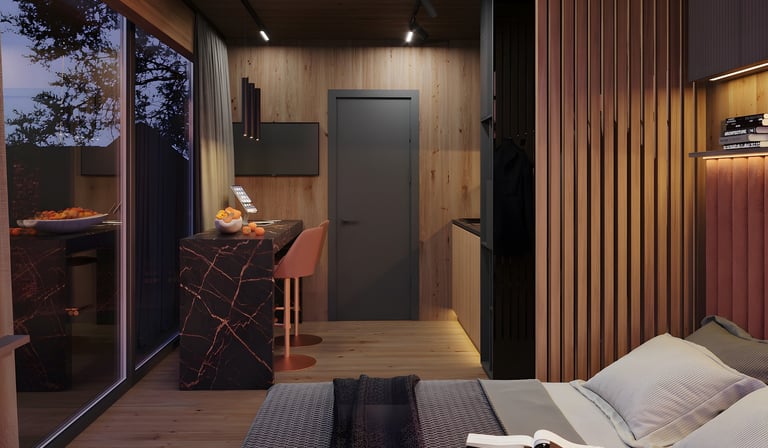 Modern interior design of Mirrored Cabin with large windows