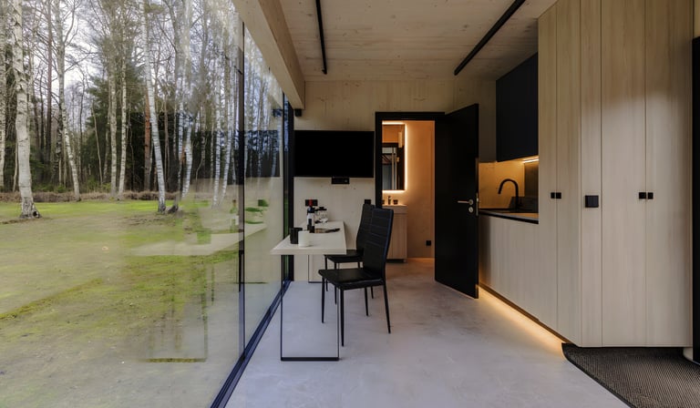 Minimalist kitchen inside Mirrored Cabin with forest view