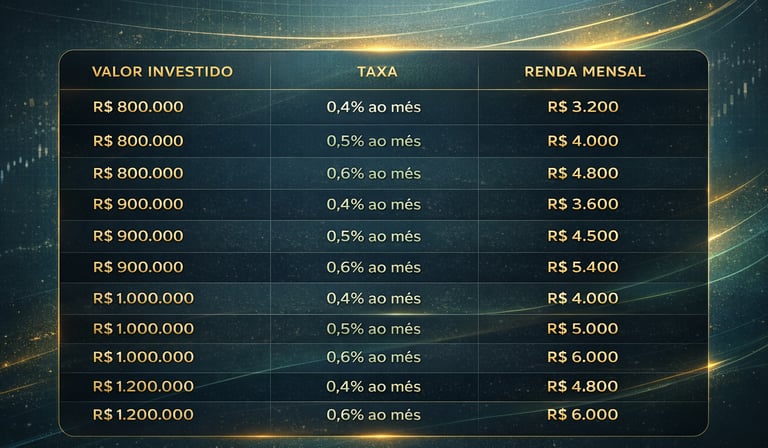 Tabela de investimento mostrando simulações de renda mensal com taxas de juros para altos montantes