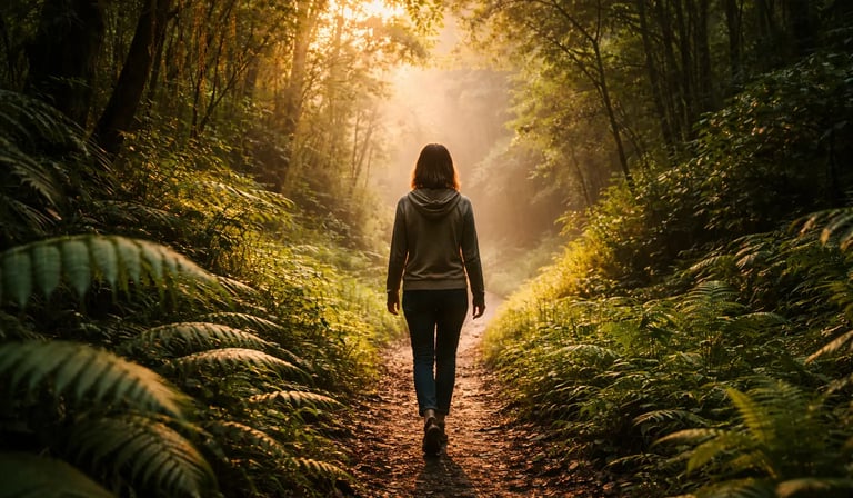Uma mulher caminhando em uma trilha de floresta iluminada pelo sol, cercada por exuberantes samambai