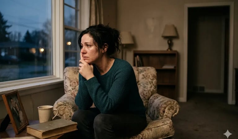 Mulher triste e solitária à janela, sentindo abandono no casamento.