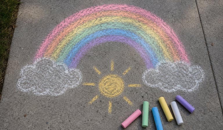 A rainbow drawn on the sidewalk with chalk. 