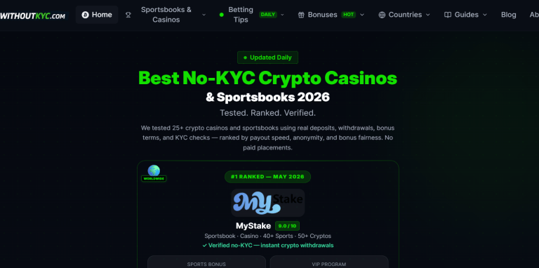 BetWithoutKYC website ranking the best no-KYC crypto casinos and sportsbooks for 2026.
