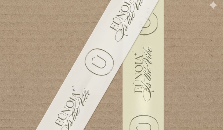 Cinta de embalaje personalizada con la marca Eunoia Is The Vibe en una caja de envío de cartón marró