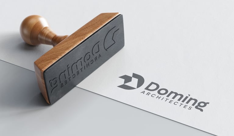 A wooden rubber stamp next to the architects logo printed on white paper.