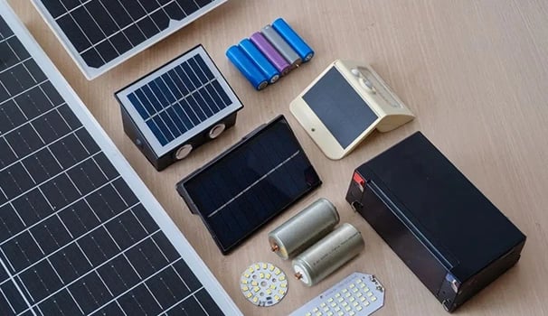 Portable solar panels, rechargeable batteries, and LED lights for DIY renewable energy projects.