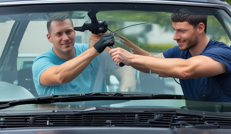 A car's windshield with a large circular crack and multiple radiating fractures. Inside the vehicle, beige leather seats are visible, along with a steering wheel. A blue air freshener shaped like a tree hangs from the rearview mirror.