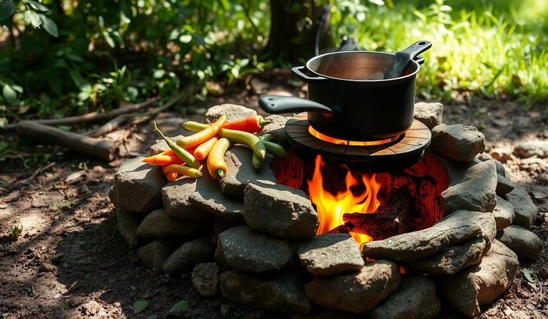 rocket stove made from stones with pot simmering above flames