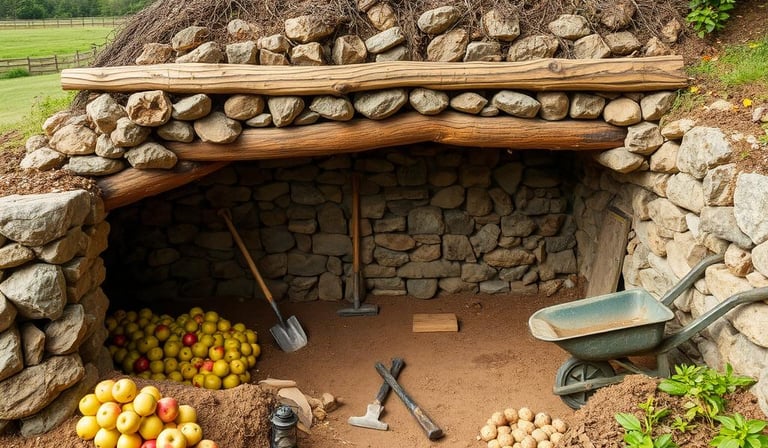 A rustic root cellar being constructed, with natural stone walls, wooden beams, and a earthen floor.