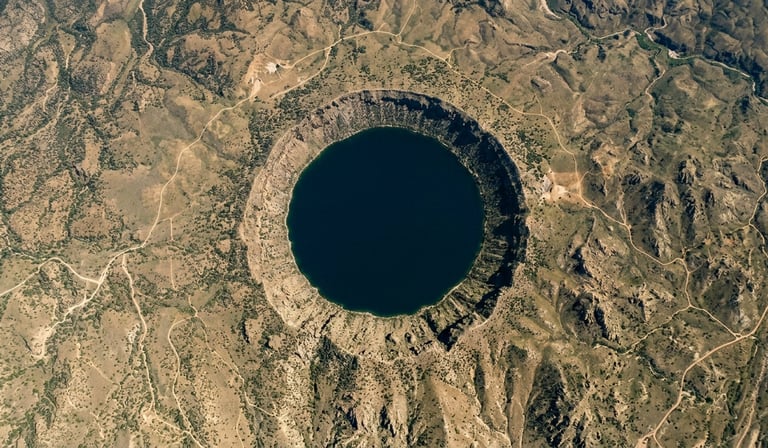 Aerial photograph of a perfectly circular lake filling an ancient confirmed crater, shot from directly above